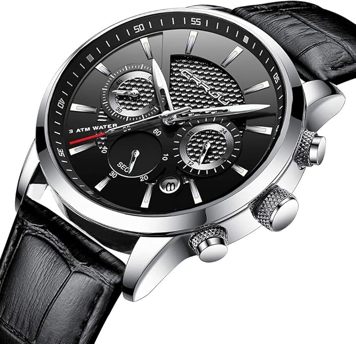 CRRJU Men's Business Casual Chronograph Quartz Waterproof Wristwatch Black Leather Strap