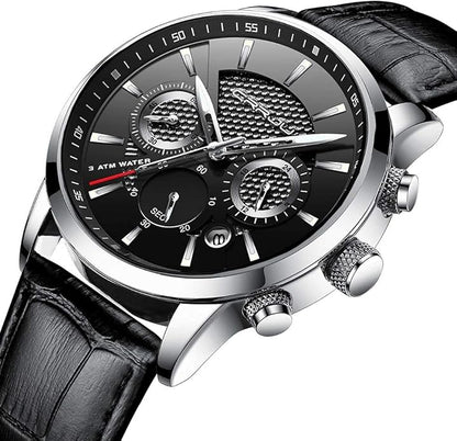 CRRJU Men's Business Casual Chronograph Quartz Waterproof Wristwatch Black Leather Strap