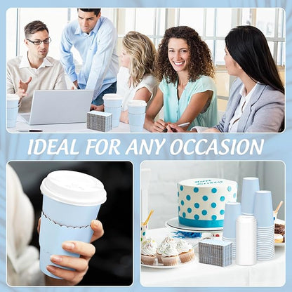 Whaline 100 Pcs Light Blue Disposable Coffee Cups with Lids and Sleeves 16 Oz Insulated To Go Paper Cups for Winter Home Restaurant Travel Wedding Birthday Baby Shower Party Supplies
