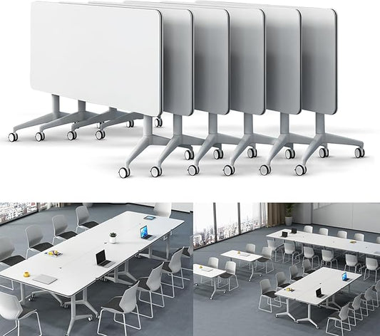 Folding Conference Table Modern Large Mobile Meeting Table Rolling Conference Room Tables with Wheels Seminar Tables for Office Training Classroom (6, White, 70.9" D X 23.6" W X 29.5" H)