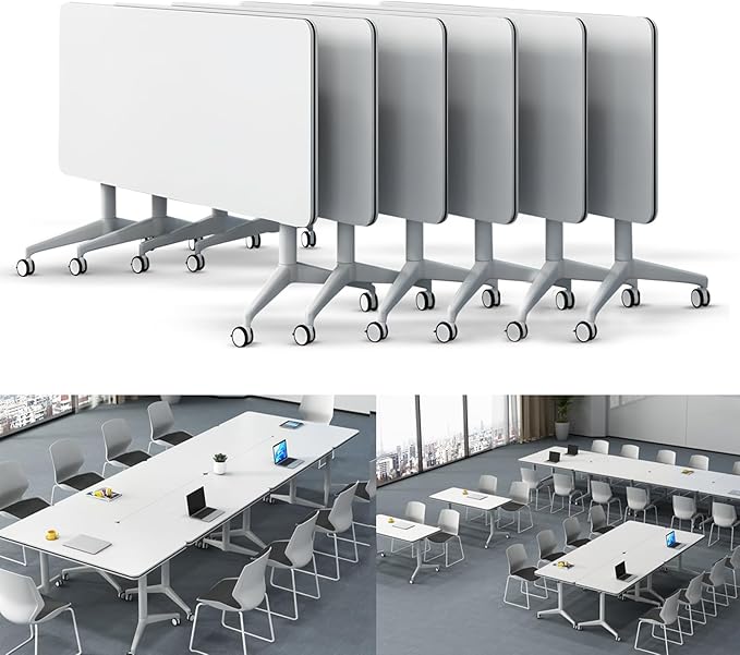 Folding Conference Table Modern Large Mobile Meeting Table Rolling Conference Room Tables with Wheels Seminar Tables for Office Training Classroom (6, White, 55" D X 23.6" W X 29.5" H)
