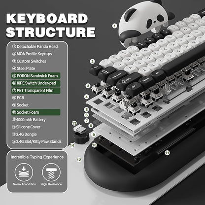 YUNZII C68 Panda Wireless Mechanical Gaming Keyboard, 68 Keys Cute Layout with PBT Keycaps,RGB Backlit, Hot Swappable,Creamy Switches,BT5.0/2.4G/Wired for Win/Mac(Black,Panda Switch)