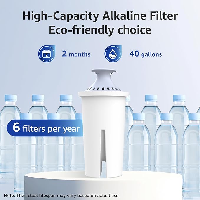 Overbest Alkaline Water Filter, Replacement for Brita® Pitchers and Dispensers, Brita® Classic 35557, OB03, Mavea® 107007, and Amazon Basics® 10-Cup Pitcher, Includes 6 Filters