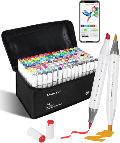 YHC 120 Alcohol Brush Marker with Free App, Chen Rui Dual Tips Art Markers for Adults, Alcohol Based Brush & Chisel Tips Markers for Drawing, Coloring, Painting, Sketching