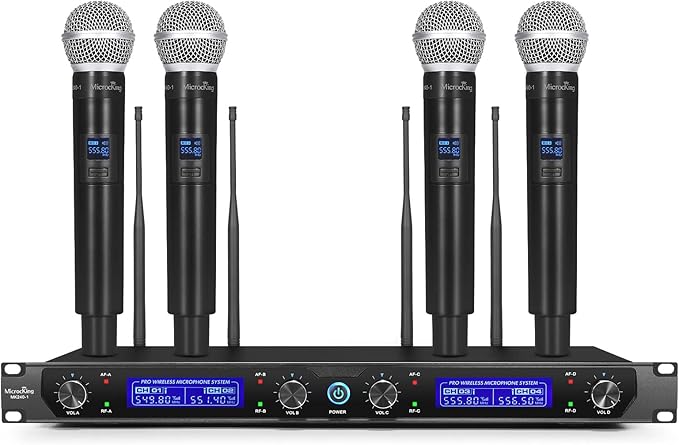 MicrocKing Wireless Microphone System, with 4 Handheld Mics, Metal Build, Fixed Frequency, Long Range 400ft, Ideal for Party/Wedding/Church/Conference/Speech