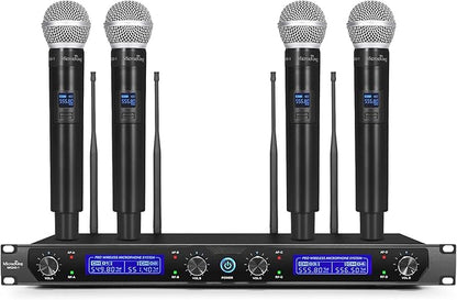 MicrocKing Wireless Microphone System, with 4 Handheld Mics, Metal Build, Fixed Frequency, Long Range 400ft, Ideal for Party/Wedding/Church/Conference/Speech
