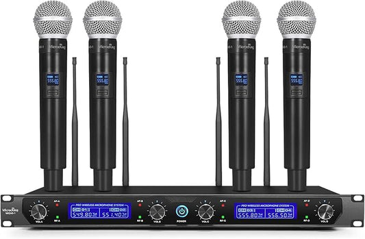 MicrocKing Wireless Microphone System, with 4 Handheld Mics, Metal Build, Fixed Frequency, Long Range 400ft, Ideal for Party/Wedding/Church/Conference/Speech