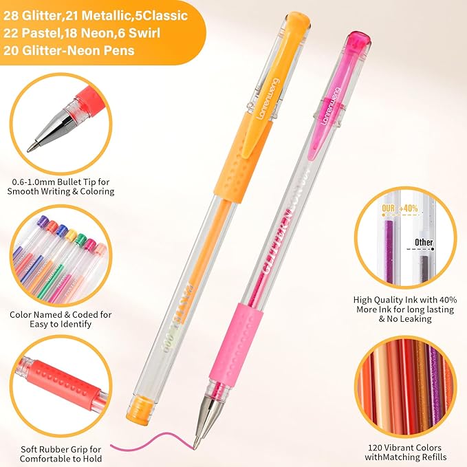 240 Pack Set 120 Colored Gel Pen with 120 Refills, Fine Tip Glitter Gel pens for Kids Adults Coloring Books Drawing Crafts Scrapbooks Bullet Journaling