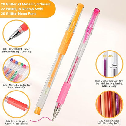 240 Pack Set 120 Colored Gel Pen with 120 Refills, Fine Tip Glitter Gel pens for Kids Adults Coloring Books Drawing Crafts Scrapbooks Bullet Journaling