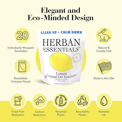 Herban Essentials - Lemon Wipes & Towelettes - Essential Oil Wipes for Make Up, Hands, Face & Body - Travel Size Essentials & Toiletries - Natural, Individually Wrapped, Disposable & Moist (20 count)