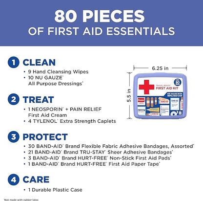 BAND-AID Brand Travel Ready Portable Emergency First Aid Kit for Minor Wound Care, Perfect for Home, Car, Travel, Camping Essentials & Outdoor Emergency Kit, 80 Pieces