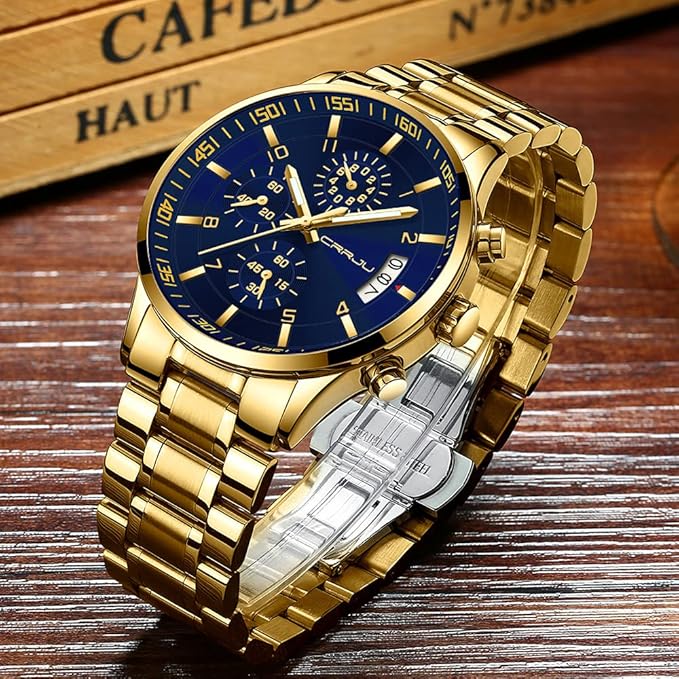 CRRJU Men's Fashion Stainless Steel Watches Date Waterproof Chronograph Wristwatches,Black Steel Band Waterproof Quartz Watch for Men