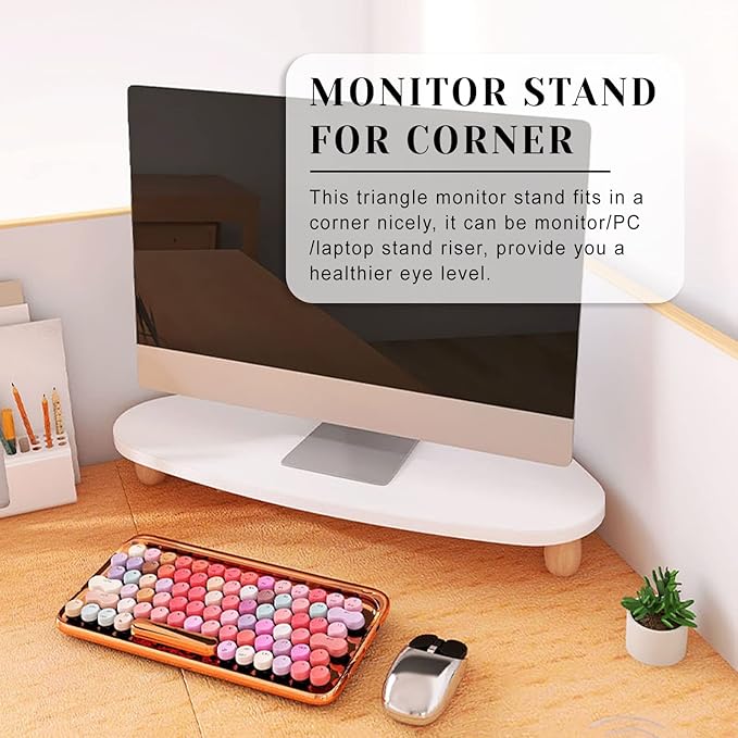 Large White Corner Monitor Riser Stand, Ergonomic Desktop Corner Shelf, Triangle Screen Riser for Monitor, Space Saving Corner Desk Riser