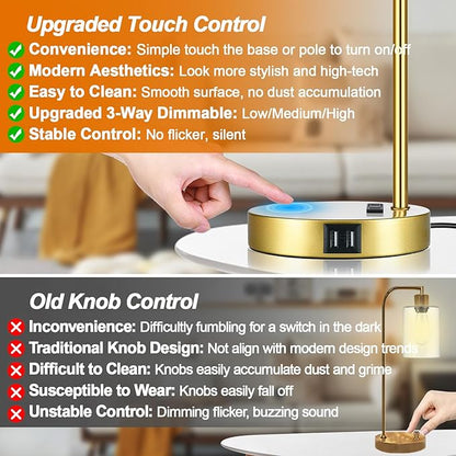 Industrial Touch Control Table Lamps Set of 2 - Gold Nightstand Bedside Lamps with 2 USB Ports & AC Outlet, 3-Way Dimmable Desk Lamp for Bedroom Living Room, Glass Shade & 2 LED Bulbs Included