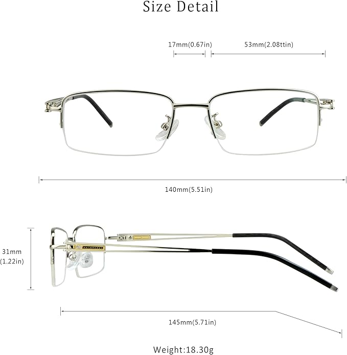 LifeArt Alloy Semi-Rimless Reading Glasses,Blue Light Blocking Glasses, Anti Eyestrain, Computer Gaming Glasses, TV Glasses for Men, Anti Glare (Silver, +3.25 Magnification)