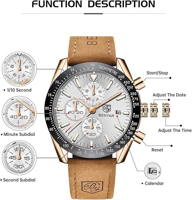 BY BENYAR Watch for Men Analog Quartz Chronograph Waterproof Luminous Designer Mens Wrist Watches Business Work Sport Casual Dress Watch with Silicone Strap Elegant Gifts for Men