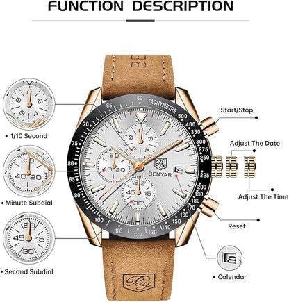 BY BENYAR Watch for Men Analog Quartz Chronograph Waterproof Luminous Designer Mens Wrist Watches Business Work Sport Casual Dress Watch with Silicone Strap Elegant Gifts for Men