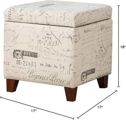 Adeco Fabric Script Pattern Cube Storage Footstool, Hinged Lid, Solid Wood Legs, 18" Height Ottomans & Storage Ottomans, Cream White