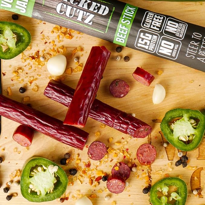 Wicked Cutz Volcanic Jalapeno Spicy Beef Sticks, Tender, Flavorful, Extra Large, Hot Beef Jerky Sticks with 15g of Protein Per Meat Stick, Gluten Free, High Protein, Healthy Snacks for Adults (12 Total)