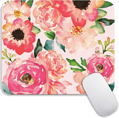 Square Mouse Pad Pink Watercolor Flower, Personalized Premium-Textured Custom Mouse Mat Design, Washable Mousepad Cloth, Non-Slip Rubber Base Computer Mouse Pads for Wireless Mouse