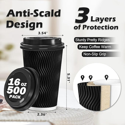 Lamosi 16 oz Disposable Coffee Cups with Lids, 500 Pack Insulated Hot Cups To Go Paper Coffee Cups with Lids and Straws, Corrugated Ripple Wall Cup for Hot Drink, Office, Coffee Bar (Black)