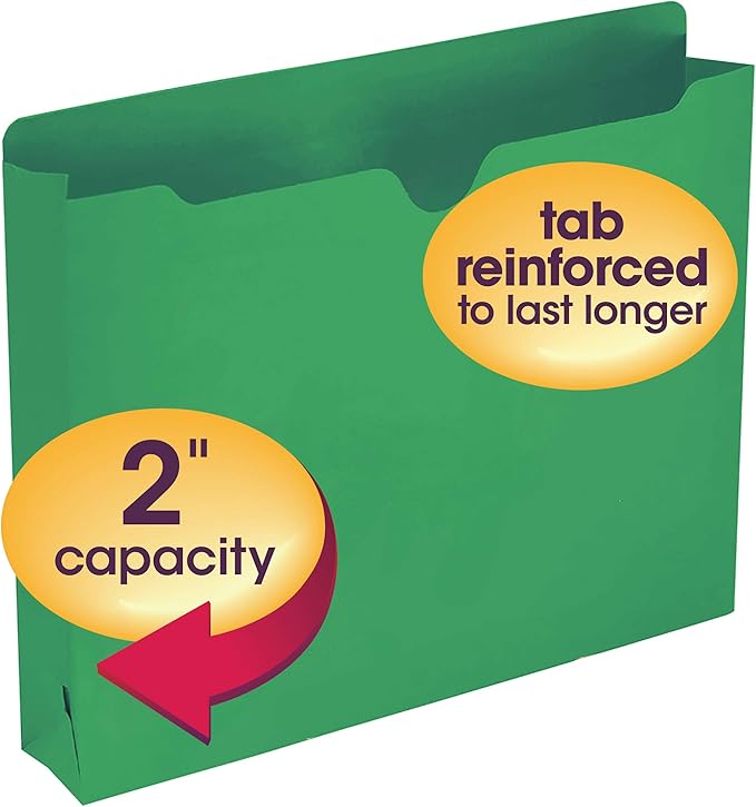 Smead File Jacket, Reinforced Straight-Cut Tab, 2" Expansion, Letter Size, Green, 50 per Box (75563) (Pack of 4)
