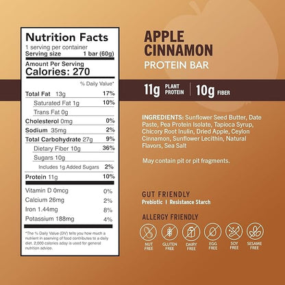 Amrita Nut Free Apple Cinnamon Vegan Protein Bars (12 Count PK of 3) | 11g Plant-Based Protein Bar | Peanut Free, Gluten Free, and Dairy Free | Low Sugar, High Fiber, Healthy School-Safe Snacks