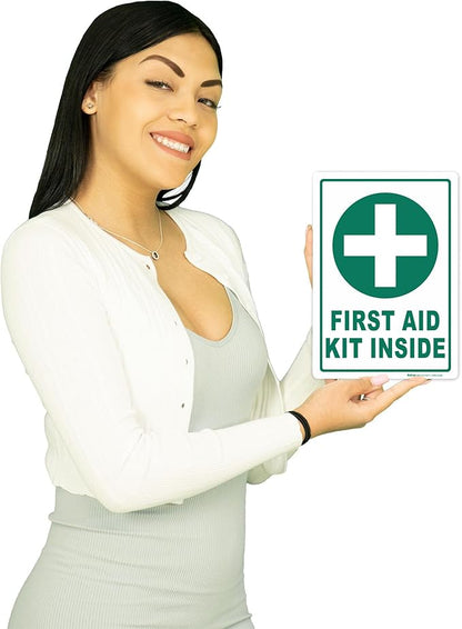 Brimar - 7" x 10" - First Aid Kit Inside Sign - 3.5 Mil InfiniStick™ Vinyl Label - Easy Installation - High Visibility