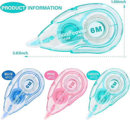White Correction Tape Dispenser, Easy To Use Applicator for Instant Corrections, For school, Office (Blue,Green,Pink, 12pack, 6M/256, Tape Width 0.2in)