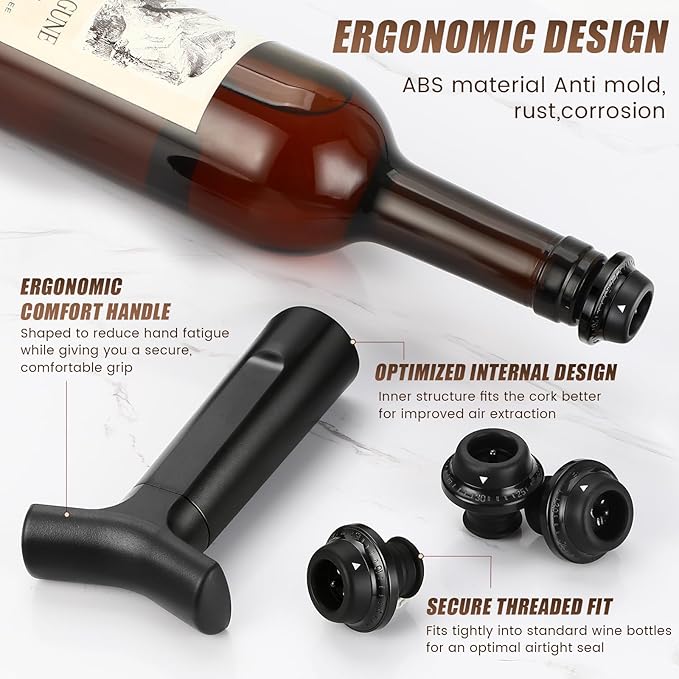 Wine Saver Vacuum Pump Set with 4 Reusable Wine Stoppers, Wine Bottle Preserver & Sealer, Keeps Wine Fresh Longer, Ergonomic Handle, Ideal Gift for Wine Lovers