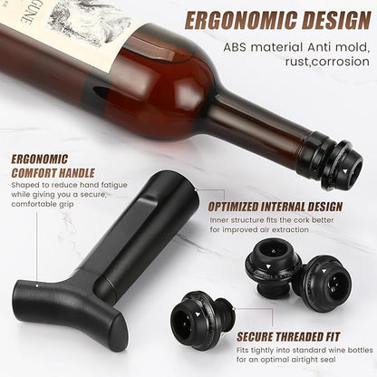 Wine Saver Vacuum Pump Set with 4 Reusable Wine Stoppers, Wine Bottle Preserver & Sealer, Keeps Wine Fresh Longer, Ergonomic Handle, Ideal Gift for Wine Lovers