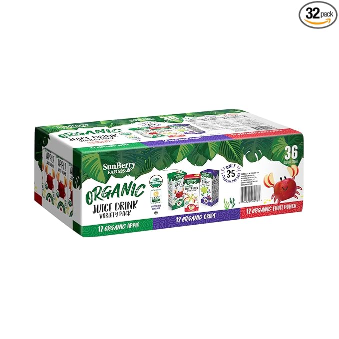 Sunberry Farms Organic Variety Pack Juice Boxes 6.75 fl oz (36 Pack) | Apple, Fruit Punch & Grape | USDA Organic Kids Drinks | No Artificial Flavors or Colors | Lunch Box Ready | Shelf-Stable