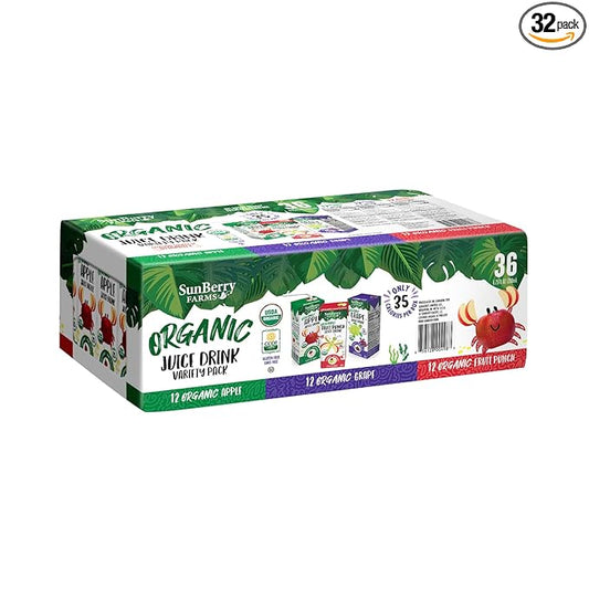 Sunberry Farms Organic Variety Pack Juice Boxes 6.75 fl oz (36 Pack) | Apple, Fruit Punch & Grape | USDA Organic Kids Drinks | No Artificial Flavors or Colors | Lunch Box Ready | Shelf-Stable