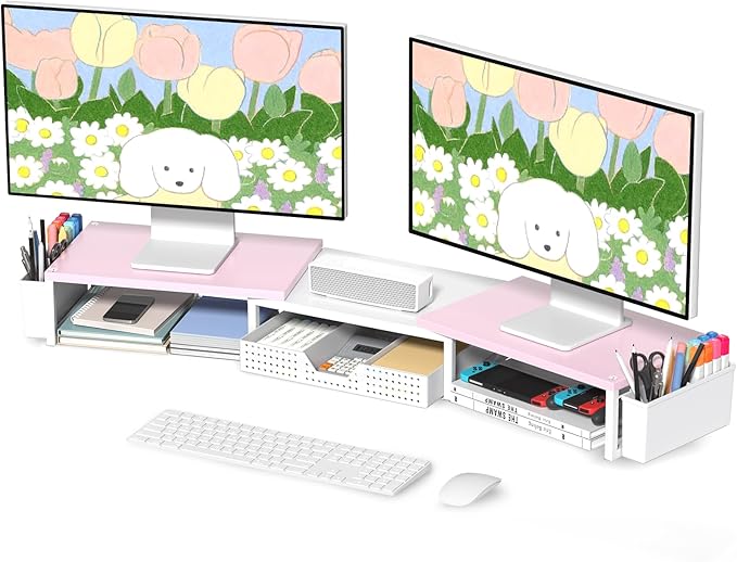 OPNICE Desk Dual Monitor Stand Riser - Desk Organizer with Drawer and Pen Holders, Office Desk Accessories & Workspace Organization, Computer Monitor Stand for Laptop, Printer(Pink＆ White)