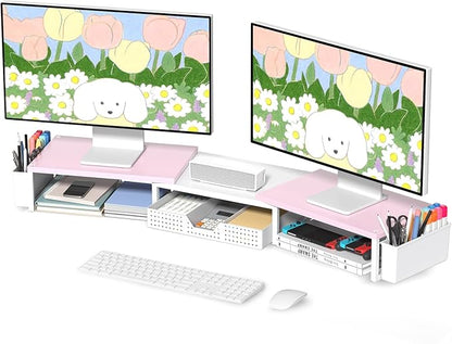 OPNICE Desk Dual Monitor Stand Riser - Desk Organizer with Drawer and Pen Holders, Office Desk Accessories & Workspace Organization, Computer Monitor Stand for Laptop, Printer(Pink＆ White)