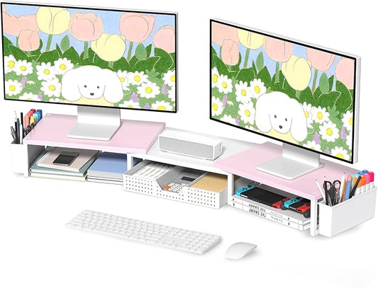 OPNICE Desk Dual Monitor Stand Riser - Desk Organizer with Drawer and Pen Holders, Office Desk Accessories & Workspace Organization, Computer Monitor Stand for Laptop, Printer(Pink＆ White)