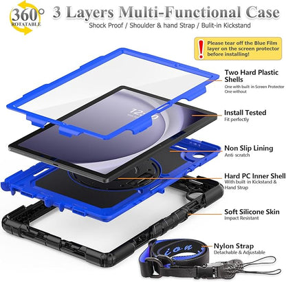SEYMAC stock Case for Samsung Galaxy Tab A9+ Plus 11'', Full-Body Drop Protection Case with Screen Protector Pencil Holder [360° Rotating Hand Strap] &Stand, Blue+Black