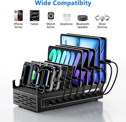 200W Charging Station for Multiple Devices, 10 Ports USB C Fast Charger Station, Desktop Multi-Port Fast Charger with Storage Dividers, Compatible with Cellphone, Kindle, Tablet, iPhone, iPad and More