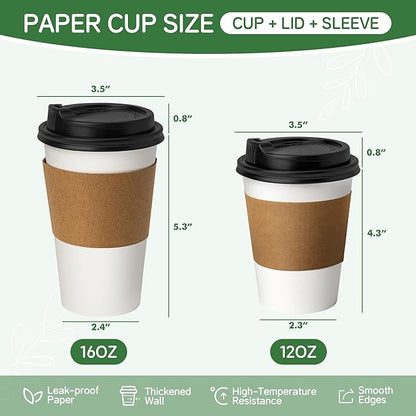 16 oz Coffee Cups with Lids and Sleeves 100 Pack,White Leak-Proof Disposable Coffee Cups for Hot/Cold Beverages, Party Supplies, To-Go Paper Cups for Coffee, Tea, Office, Picnic