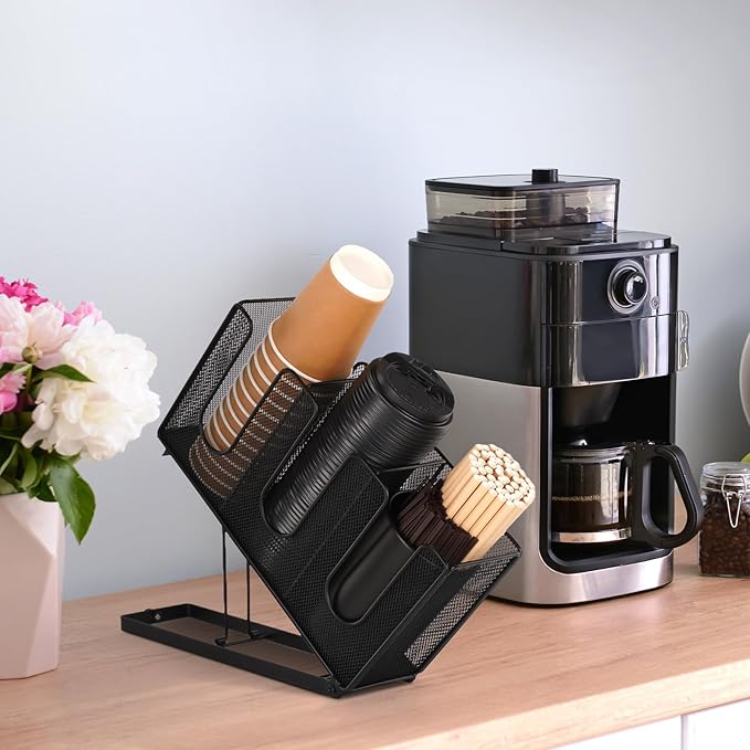 Disposable Coffee Cup Holder for Countertop, Paper Cup and Lid Holder Dispenser with Straw Organizer for Coffee Station Bar Restaurant Breakroom Office, Black