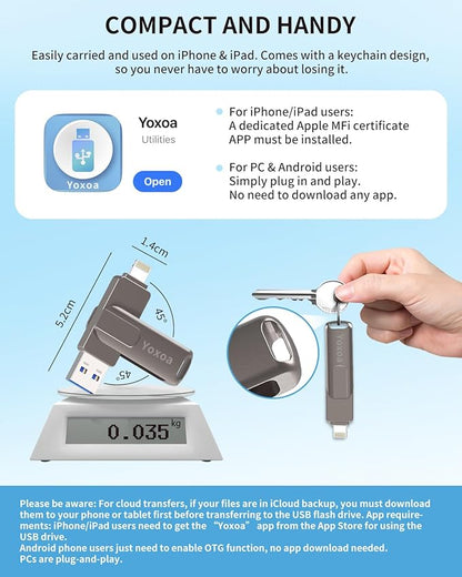 MFi Certified 256GB Flash Drive for iPhone & iPad, High-Speed Photo Stick for External Memory Storage, Backup & Transfer Files, USB Stick for iPhone/iPad/iOS/Android/PC (Available Space: ~244GB)Black