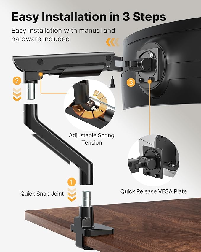 monTEK Sleek Aluminum Monitor Arm for 17–57” Ultrawide Screens up to 59 lbs, Heavy Duty Single Monitor Arm Desk Mount, Pneumatic Lift, Quick-Release Plate, Clamp/Grommet, Max VESA 100x100