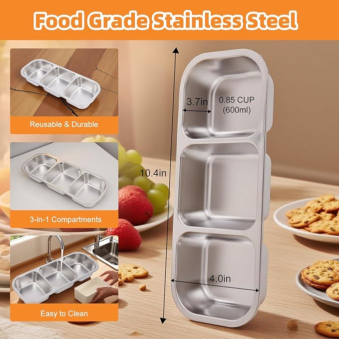 Stainless Steel Snack Containers with Lids, Reusable Condiment Storage Box, Divided Food Storage for School, Home, Travel, Multiple Compartment Leak-Proof Box (‎2 Compartment 3PCS)