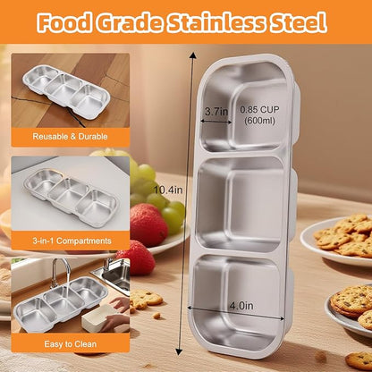 Stainless Steel Snack Containers with Lids, Reusable Condiment Storage Box, Divided Food Storage for School, Home, Travel, Multiple Compartment Leak-Proof Box (‎2 Compartment 3PCS)