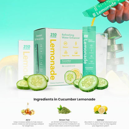 310 Nutrition Lemonade Sugar-Free Water Flavoring Packets - Powdered Drink Mixes & Flavorings with Alkalizing Minerals - Water Enhancer Packets for Energy & Instant Hydration - Cucumber 30 singles