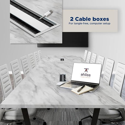 Sturdy Conference Table with Cable Management Grommets Modern Rectangle Office Meeting Table with Wood Tabletop and Metal Frame & Legs- Easy Assembly Boardroom Table (White Marble, 12 Foot)