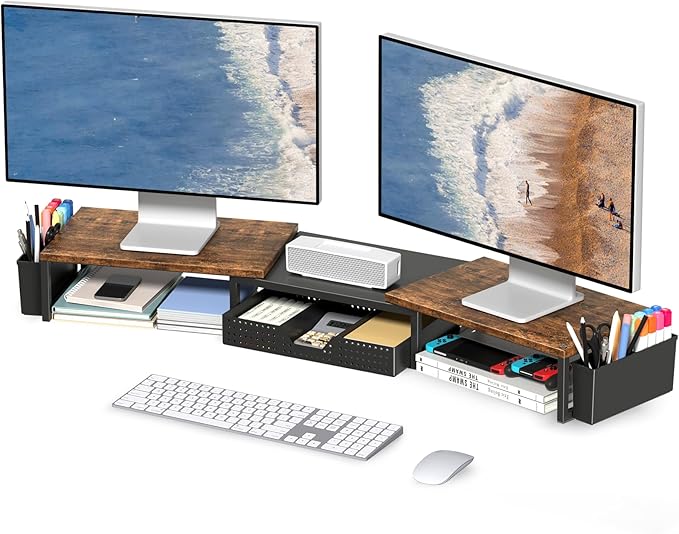 OPNICE Desk Dual Monitor Stand Riser - Desk Organizer with Drawer and Pen Holders, Office Desk Accessories & Workspace Organization, Computer Monitor Stand for Laptop, Printer, TV, Office Decor, Wood