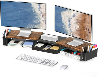 OPNICE Desk Dual Monitor Stand Riser - Desk Organizer with Drawer and Pen Holders, Office Desk Accessories & Workspace Organization, Computer Monitor Stand for Laptop, Printer, TV, Office Decor, Wood