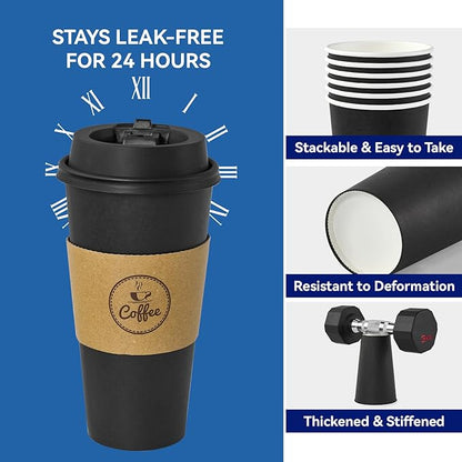 JOLLY CHEF 100 Count 20 oz Black Paper Coffee Cups with Lids, Sleeves and Stirrers for Home, Office, Kitchen, Cafes, Disposable Hot Paper Cups for all Kinds of Beverages
