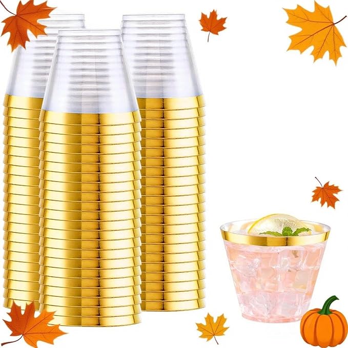WELLIFE 200 PCS Gold Plastic Cups,9 oz Clear Plastic Cups,Disposable Wine Glasses,Plastic Cocktail Glasses for Party and Wedding